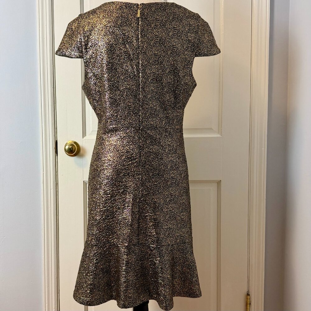 Michael Kors Metallic Black & Gold Flounce Hem Cap Sleeve Fit & Flare Dress, L - Picture 2 of 9